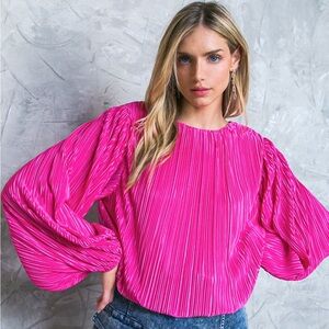 Flying Tomato Pleated Balloon Sleeve Blouse - Hot Pink